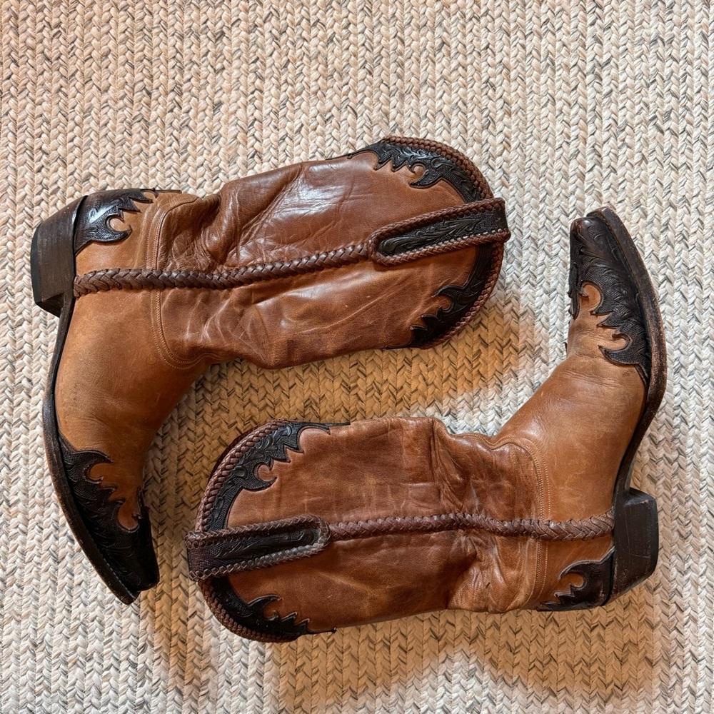 JB Dillon Western Boots tooled leather snipped toe brown braided accent - Picture 4 of 8